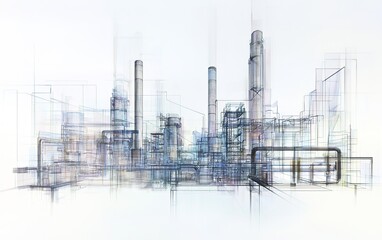 Poster - Abstract representation of an industrial facility with towering chimneys and extensive piping by a clear sky