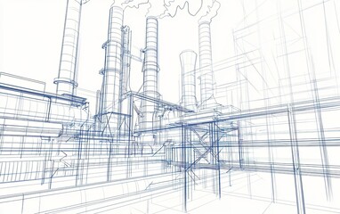 Poster - Industrial facility outline showcasing complex structures, pipes, and towers during design phase in an urban landscape