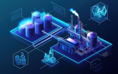 Poster - Futuristic industrial facility showcasing advanced technology, processes, and sustainable energy solutions in a digital landscape