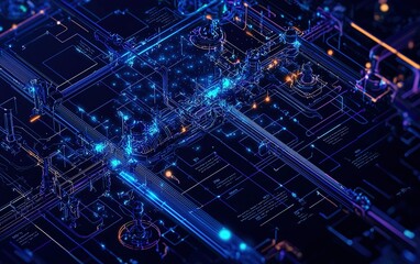 Poster - Abstract digital circuit design illuminated by vibrant blue and orange lights, showcasing advanced technology and innovation in a futuristic setting