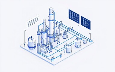 Poster - Detailed industrial schematic showcasing a complex refinery setup with pipes in a modern design and informational displays