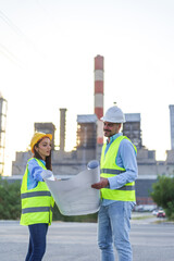 Two engineers discussing plans at power plant building site