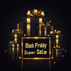 Poster - Black gift boxes with golden ribbon, illuminated sign text Black Friday Super Sale