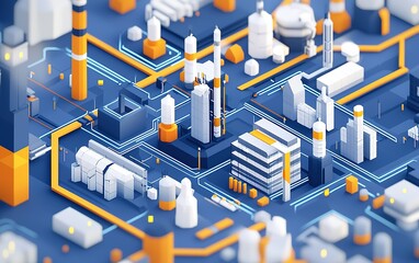 Poster - Aerial view of a modern industrial city with intricate networks of buildings and pathways under a vibrant blue backdrop