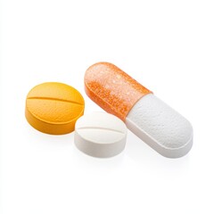 A collection of orange and white pills, featuring a capsule and two round tablets, displayed on a clean surface.