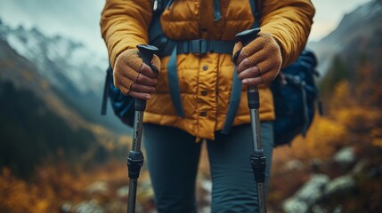 Poster - A person dressed in a yellow jacket grips trekking poles while hiking on a mountain trail surrounded by vibrant autumn foliage and majestic peaks.