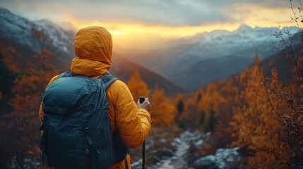 Aufkleber - A hiker wearing a yellow jacket and carrying a backpack stands on a trail, gazing at a stunning sunset over the mountains, with vibrant autumn leaves surrounding the area.