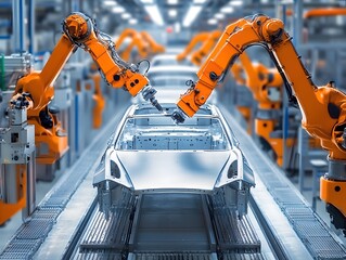 Leinwandbilder - Automated Assembly Line with Robotic Arms
