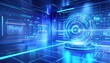 © darion - Futuristic digital environment with holographic interface and blue lighting.