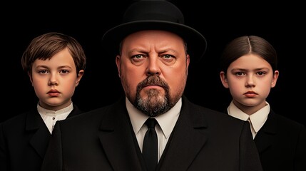 A stern-looking man in a black suit and hat stands between two children, all with serious expressions.