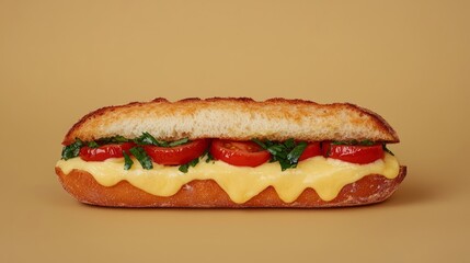 A toasted sub sandwich filled with cheese, tomato, and spinach on a yellow background.