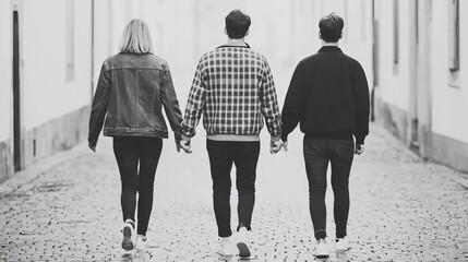 Three friends walking down a cobblestone street, holding hands.