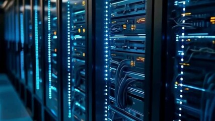 In a data center digital information flows through the network and data servers behind glass panels in the server room or Internet service provider