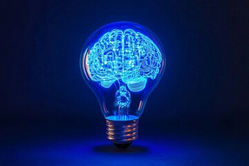 A glowing light bulb shaped like a brain illuminates digital circuits in a dark environment, symbolizing innovation and creativity