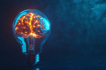 A glowing light bulb shaped like a brain illuminates digital circuits in a dark environment, symbolizing innovation and creativity