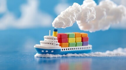 A colorful cargo ship with containers sails across a blue sea, emitting puffs of smoke, creating a vibrant maritime scene.