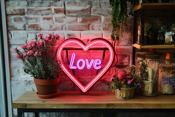 Pink and red neon heart with 