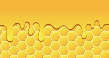 Poster - Dripping honey animation. Realistic drops of honey. Dessert background with melted honey. Dripping honey. Motion graphic. 4K animation