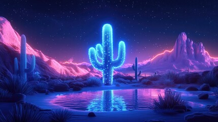Poster - A glowing blue cactus stands tall in a desert landscape with a starry night sky, reflected in a still pool of water.