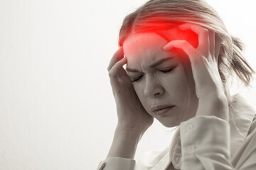 Sticker - A girl suffers from a migraine: close-up, holding her head, eyes closed, expression of pain