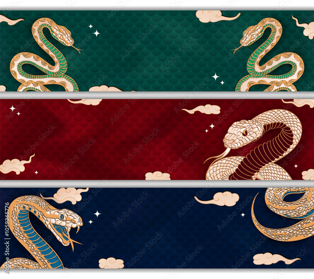 Set of vintage headers with oriental symbol - snake and place for text ...