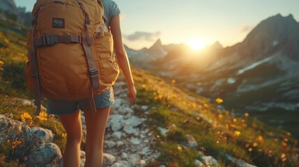 Poster - A person with a large backpack strolls along a rocky path adorned with wildflowers, illuminated by the warm glow of the sunset in the mountains. The tranquil landscape invites exploration.