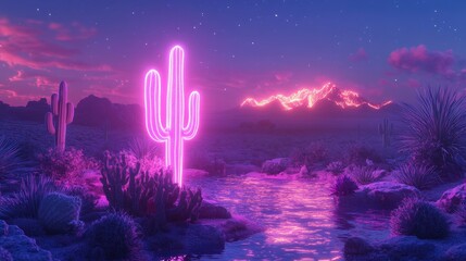 Poster - A glowing pink neon cactus stands out against a backdrop of a desert sunset with a stream flowing through the landscape.