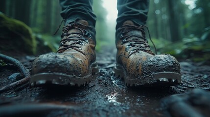 Aufkleber - A hiker pauses on a muddy path through a dense forest, showcasing worn boots covered in mud, surrounded by towering trees and misty air.