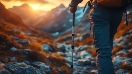 Poster - A person walks along a rugged mountain trail, using a hiking pole, as the sun sets behind the distant peaks, casting a warm glow over the landscape.