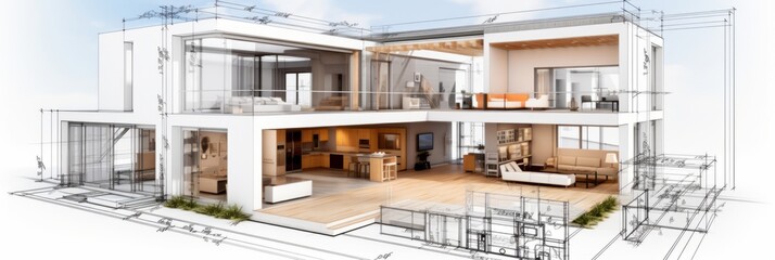 Poster - vision of architecture of a 3d model house project with blueprint