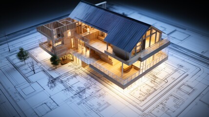 Poster - vision of architecture of a 3d model house project with blueprint
