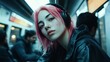© Postmodern Studio - Woman with pink hair and a nose ring is wearing headphones