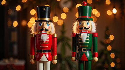 Pair of nutcrackers with festive holiday lights