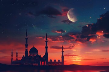 Mosque sunset sky  moon  holy night  islamic night and silhouette mosque  islamic wallpaper