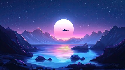 Wall Mural - A helicopter flies over a mountain range at sunset, with a large full moon in the sky.