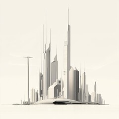 Aufkleber - This minimalist artwork showcases a futuristic city skyline featuring sleek towers and geometric designs at early morning light. Generative AI