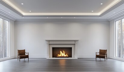 Wall Mural - Cozy Fireplace Room with Two Chairs, Wood Floor, White Walls, Recessed Lighting, Minimalist Decor, Fire, Interior Design