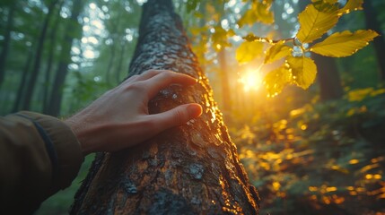 Aufkleber - A hand gently rests on the rough bark of a tree in a lush forest during sunset. The warm glow of the sun illuminates the surrounding leaves, creating a serene atmosphere.