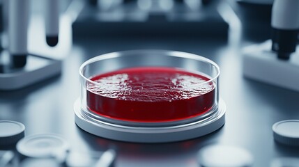 Realistic Blood Sample in Petri Dish Surrounded by Laboratory Instruments in Clinical Setting