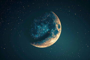 Wall Mural - The crescent moon illuminates the night sky, surrounded by countless stars, creating a tranquil atmosphere in the darkness. The celestial scene captivates with its beauty