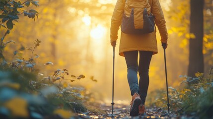 Poster - A person in a yellow jacket hikes through a tranquil forest trail, illuminated by warm sunlight filtering through autumn leaves. Walking with trekking poles, the scene captures a peaceful moment.