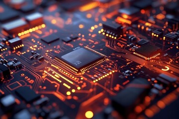 Poster - Intricate close-up of a circuit board illuminated by orange lights showcasing advanced technology