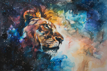 The powerful lion's face emerges from a backdrop of vibrant colors and cosmic patterns, evoking a sense of wonder and awe in this imaginative artwork