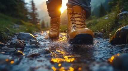 Poster - A person walks through a sparkling mountain stream at sunset, wearing bright yellow hiking boots. The scenery features lush greenery and gentle hills, creating a serene outdoor experience.