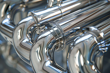 Poster - A detailed arrangement of polished metal plumbing pipes showcases intricate connections and reflections, highlighting craftsmanship in construction and design