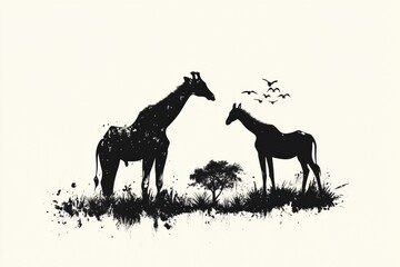 Aufkleber - Elegant wild animal silhouettes stand gracefully in a tranquil environment, showcasing the beauty of nature at twilight. Generative AI