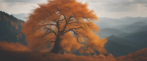 Wall Mural - a lonely colorful tree on hill with mountain forest
