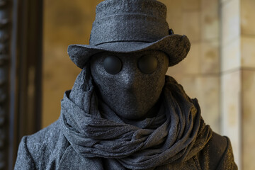 A mannequin wearing a hat and scarf with a mask on