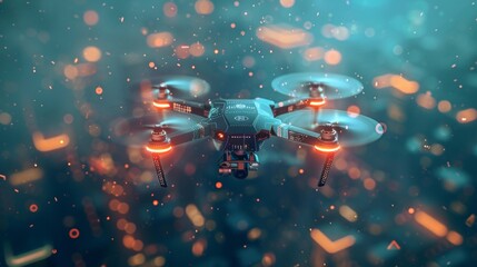 Poster - Modern quadcopter drone hovering in a technological environment, showcasing innovation and the future of unmanned aerial vehicles with blurred bokeh lights in the background