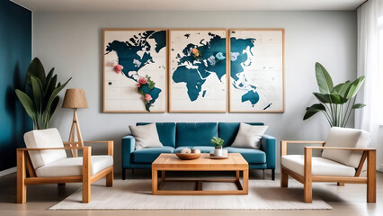 Wall Mural - Cubic wooden coffee table between white sofa and armchairs. Scandinavian style home interior design of modern living room.	
Ocean colour walls. World map on the wall. bamboo furnitures. 